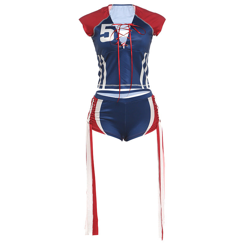 DLS Sports color matching drawstring short T-shirt side strap shorts suit