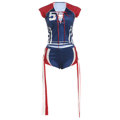 DLS Sports color matching drawstring short T-shirt side strap shorts suit