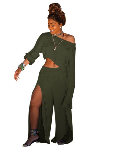 GY (S-3XL) K8747 shoulder long sleeve casual slit blouse and pants club wear