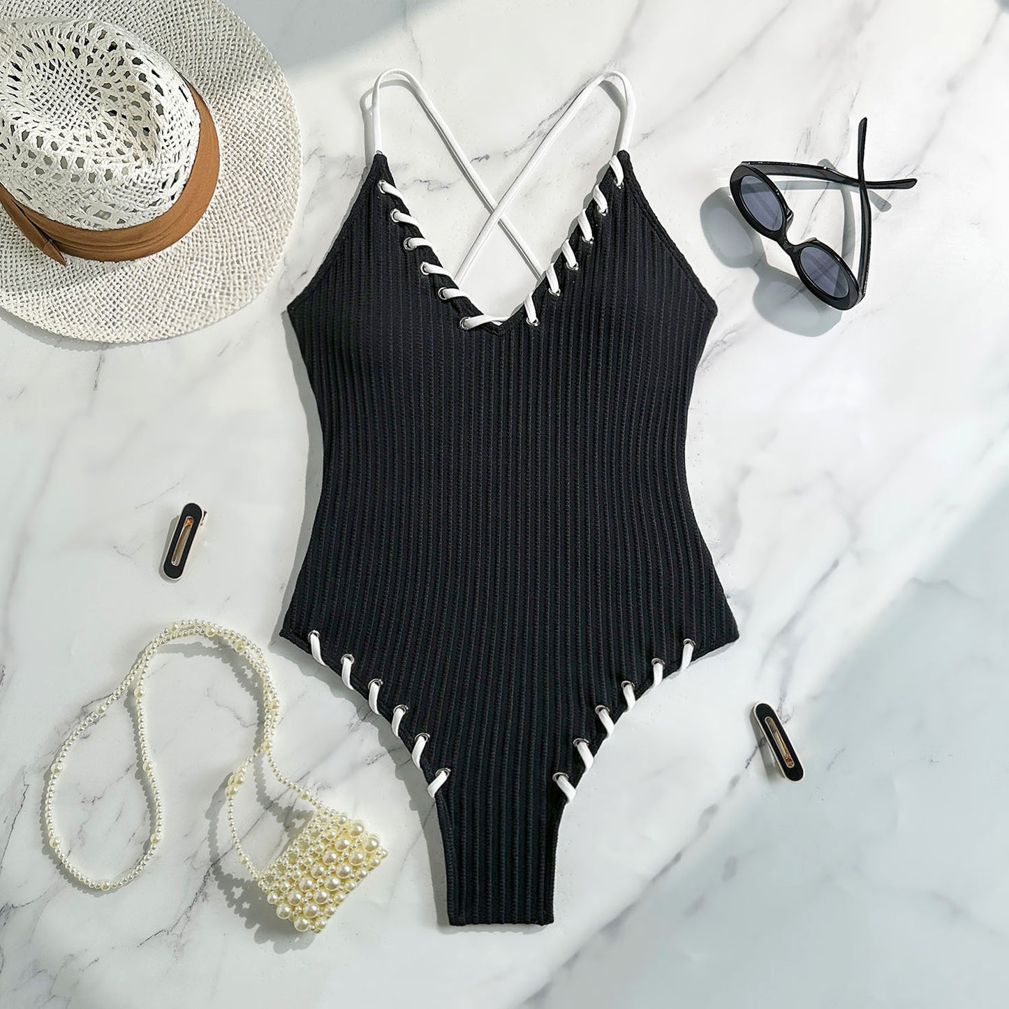 (4 days ready to ship) SY black-eye rope color matching jumpsuit suspender swimsuit bikini