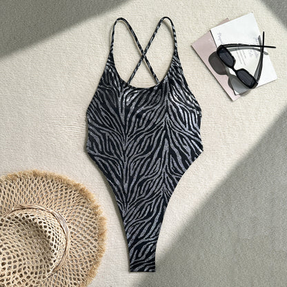 (4 days ready to ship) SY bronzing zebra stripe backless Siamese T-back swimsuit