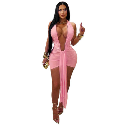 DZHT C26DS181 low collar halter strap backless sheath dress