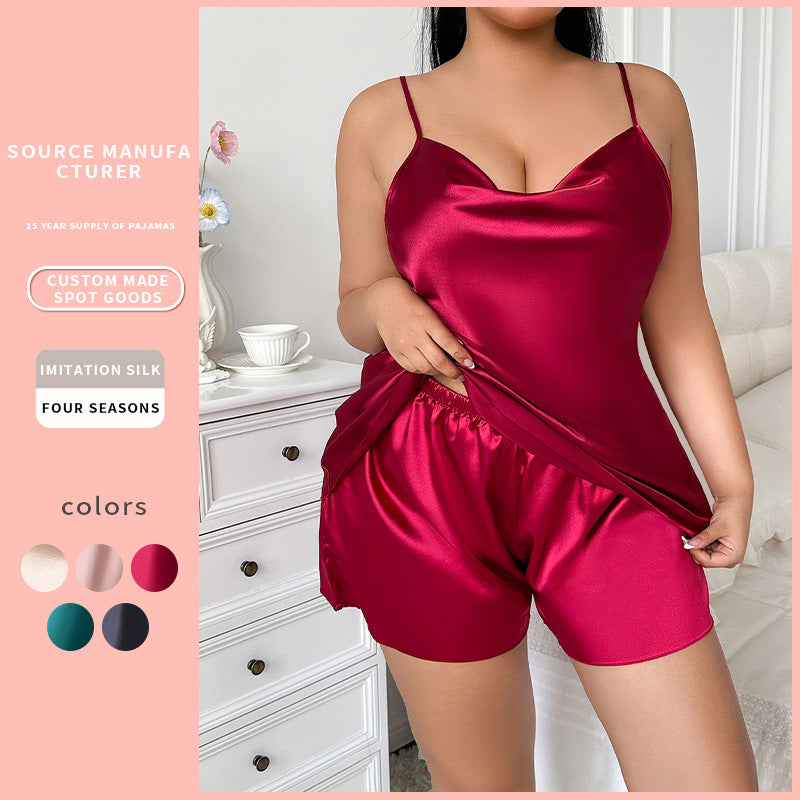 DNL widened plus size women's clothing loose outfit artificial silk camisole shorts ice silk pajamas