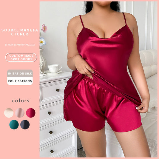 DNL widened plus size women's clothing loose outfit artificial silk camisole shorts ice silk pajamas