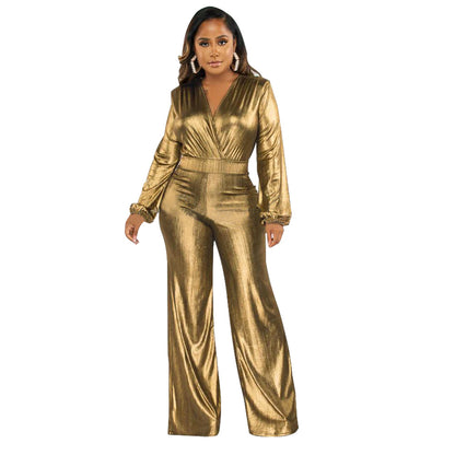 MYF (S-2XL) K10317 autumn V lantern sleeve gilding one-piece