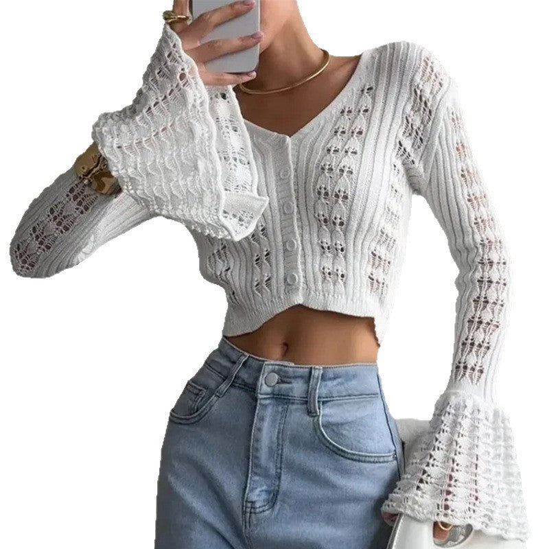 CYB knitted cardigan long sleeve V-neck French bell sleeve blouse