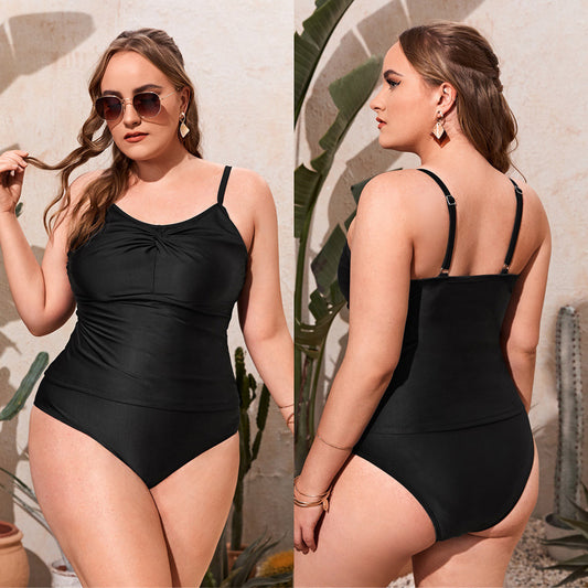 LF (L-4XL) women's split solid color black swimsuit plus size