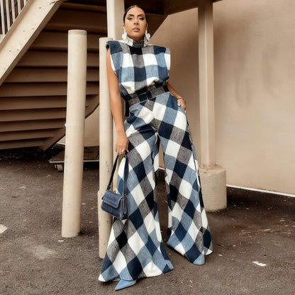 MYF (S-2XL) 10950 suede plaid loose wide leg pants sleeveless suit