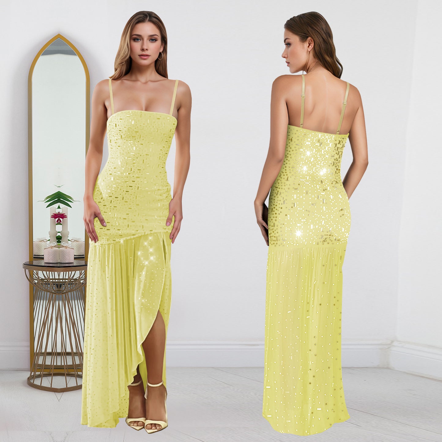 XYZ C7396 summer rhinestone sleeveless split dress