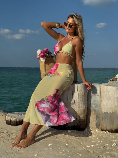 (4 days ready to ship) SY customized printing large floral three-piece set mesh long dress bikini