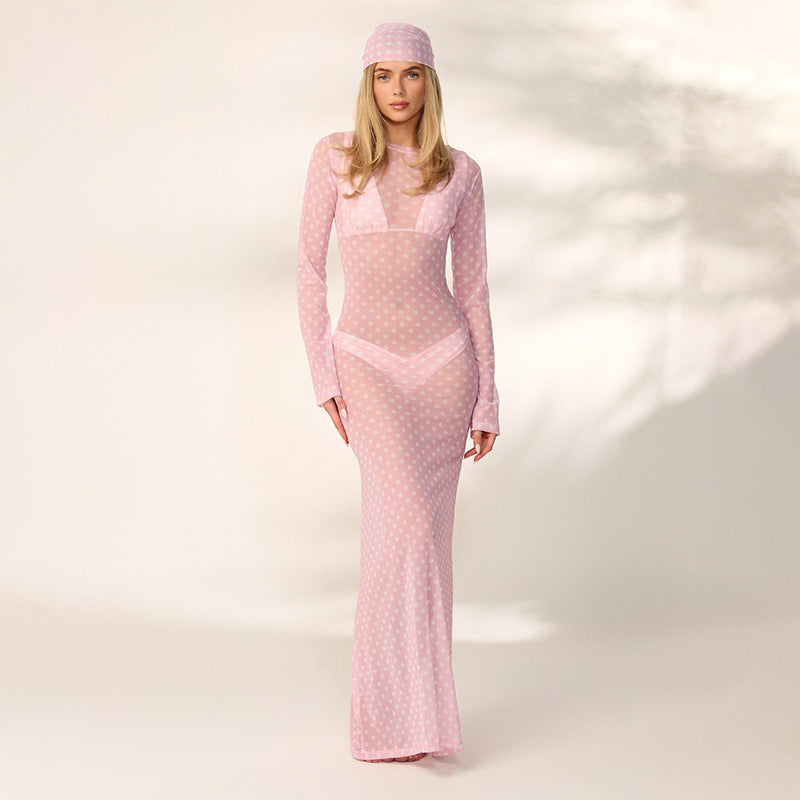 DZHT D26DS135 fashionable see-through polka dot printed mesh headband long sleeve dress
