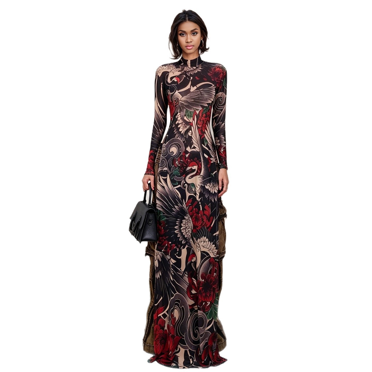 DLS half-high collar long sleeves animal pattern high slit long shirt