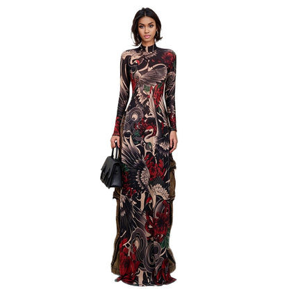 DLS half-high collar long sleeves animal pattern high slit long shirt