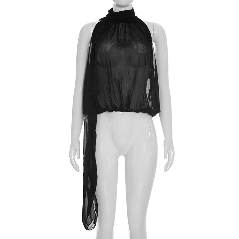 DZHT D26TP029 halter sleeveless see-through ribbon Bud elegant chiffon top