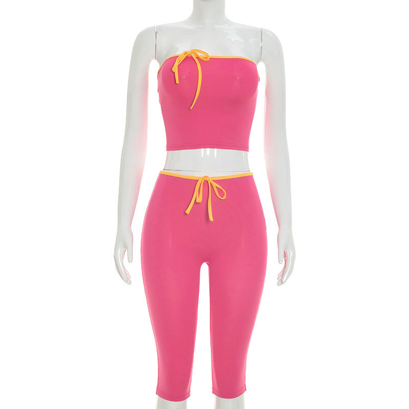DZHT Q26ST074 sleeveless midriff-baring tube top tight cropped pants contrast color suit