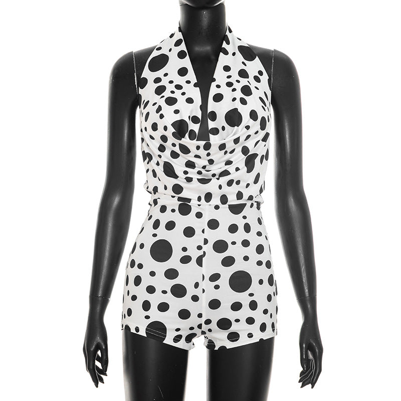 DZHT J26RP211 draped collar backless lace up polka dot print tight one-piece shorts