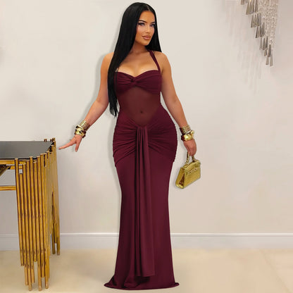 XYZ C7608 sheer mesh halter tied dress