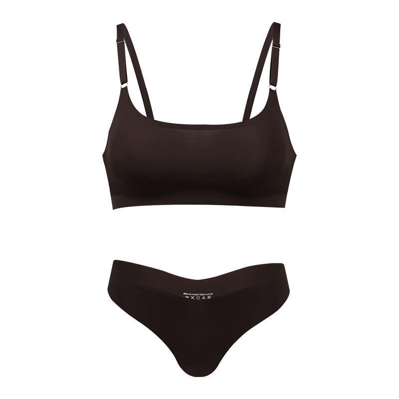 Seamless thin large size underwear set small breast size exaggerating bra T-shaped beauty back adjustable wireless bra