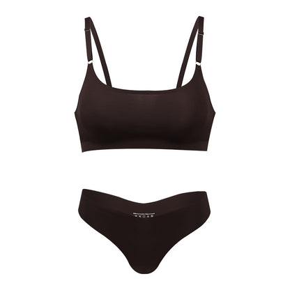 Seamless thin large size underwear set small breast size exaggerating bra T-shaped beauty back adjustable wireless bra