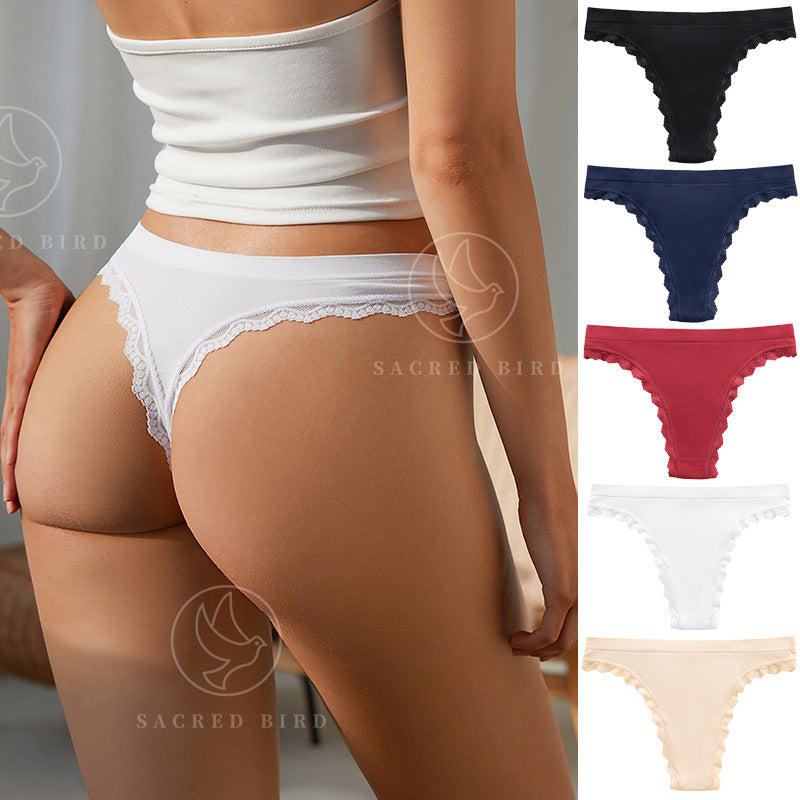 Lace stitching seamless large size lightweight breathable yoga invisible T-shaped cotton crotch T-back