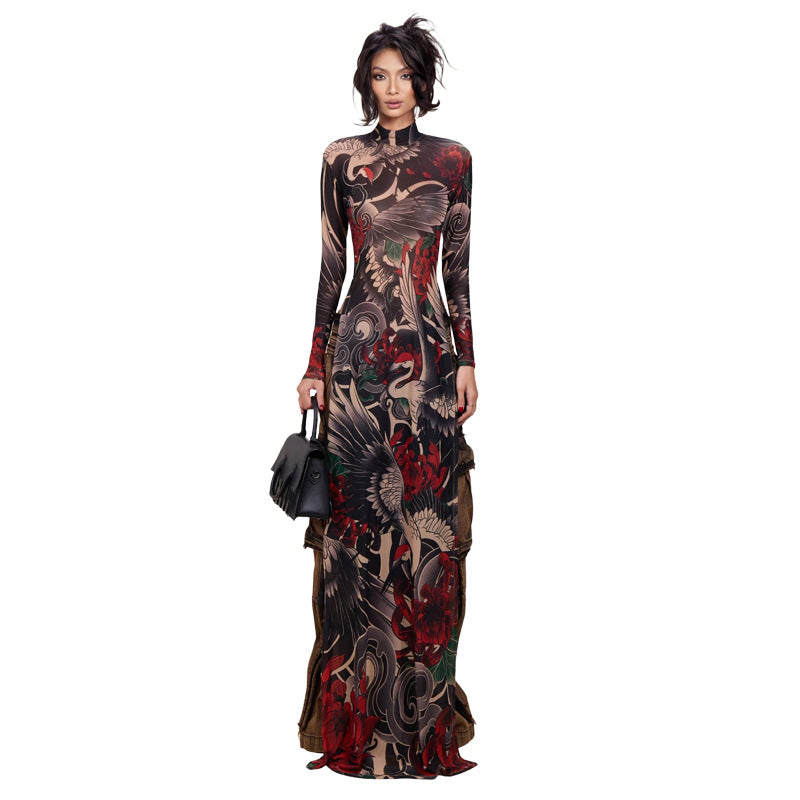 DLS Spring half-high collar long sleeves personalized animal pattern high slit long shirt