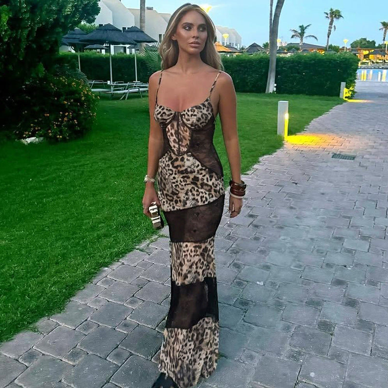 DLS Spring suspenders leopard print lace stitching sexy see-through dress