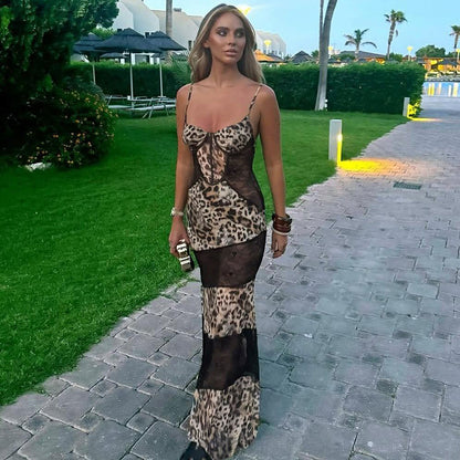 DLS Spring suspenders leopard print lace stitching sexy see-through dress