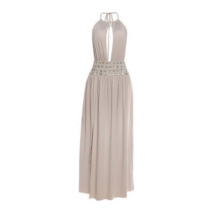 SXR K25D88241 cropped waist slit halter dress