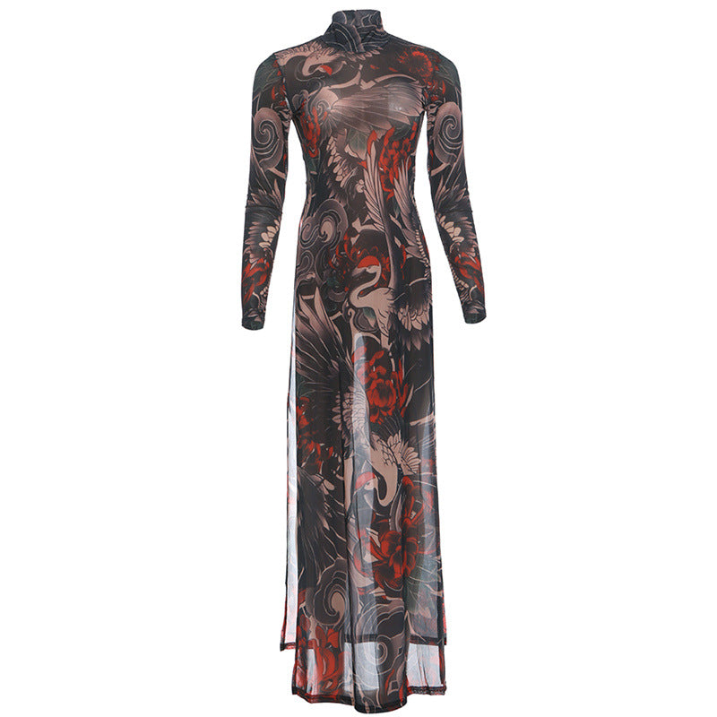 DLS Spring half-high collar long sleeves personalized animal pattern high slit long shirt