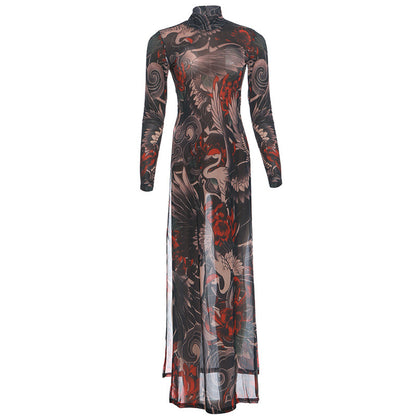 DLS Spring half-high collar long sleeves personalized animal pattern high slit long shirt