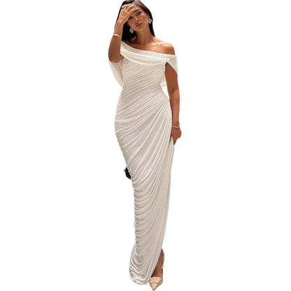 SXR 2026 spring sexy pleated off-neck backless irregular dress