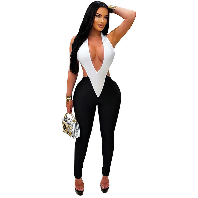DZHT J26JP099 color block deep V halter lace-up one-piece trousers