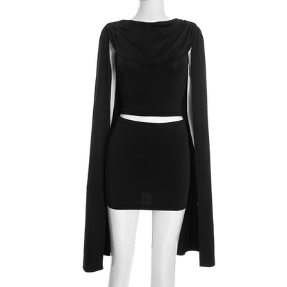 DZHT C25ST414 swing collar design shawl pleated top and skirt suit