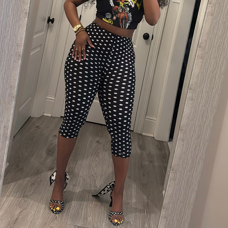 DZHT J26PT151 fashionable all-match polka dot printed mid-waist tight casual cropped pants