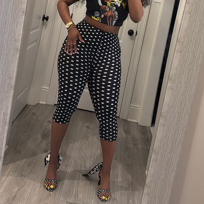 DZHT J26PT151 fashionable all-match polka dot printed mid-waist tight casual cropped pants