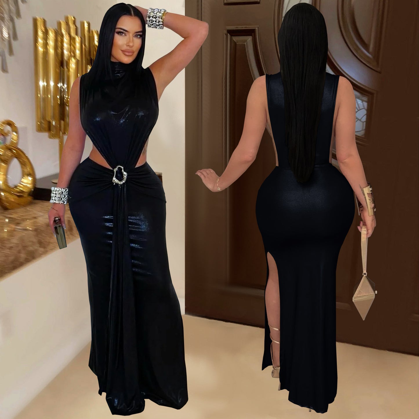 XYZ C7476 elegant turtleneck arm covering split dress