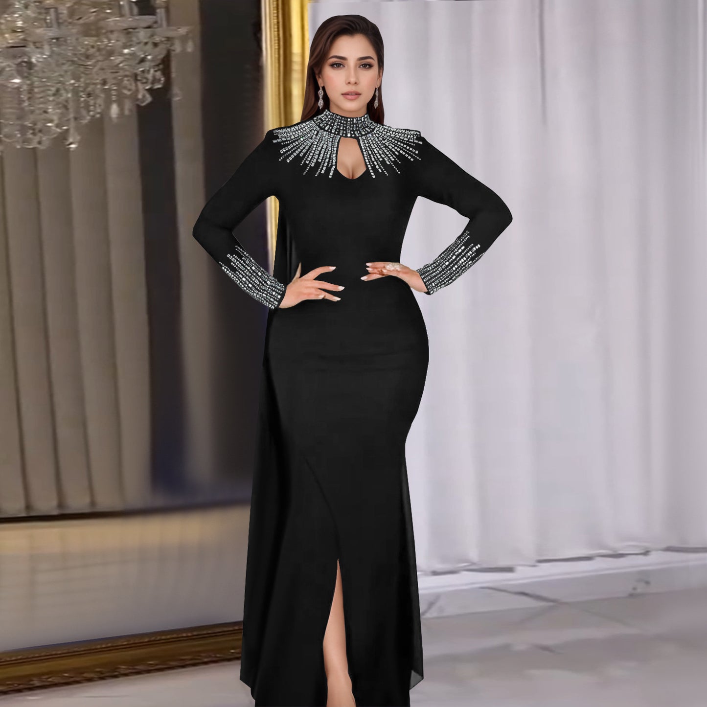 XYZ C7381 elegant see-through rhinestone long sleeve tight dress