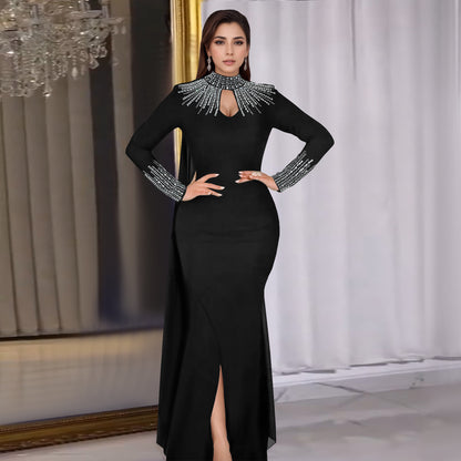 XYZ C7381 elegant see-through rhinestone long sleeve tight dress