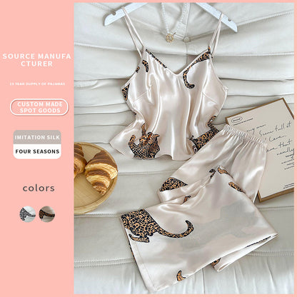 (S-XL) DNL pajamas leopard print suspender trousers suit imitated silk pajamas suit