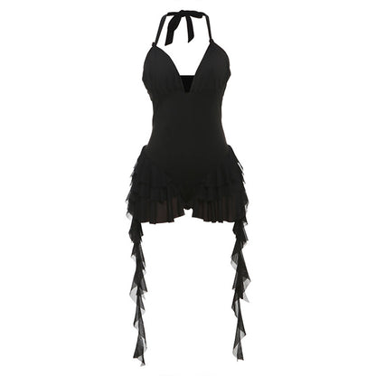 SXR summer deep V-neck halter backless wooden ear solid color jumpsuit