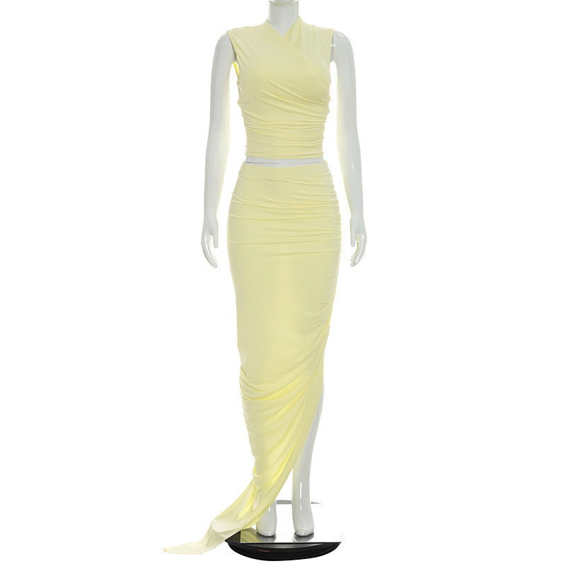 DZHT Y26ST221 skinny short vest irregular pleated skirt solid color two-piece suit