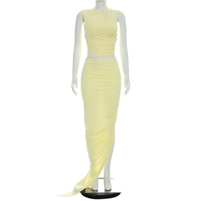 DZHT Y26ST221 skinny short vest irregular pleated skirt solid color two-piece suit