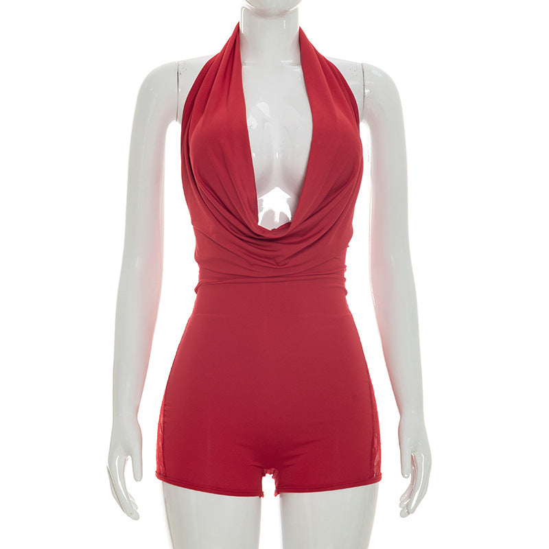 DZHT J26RP157 deep V vertical collar stitching lace one-piece shorts