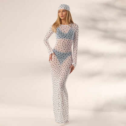 DZHT D26DS135 fashionable see-through polka dot printed mesh headband long sleeve dress