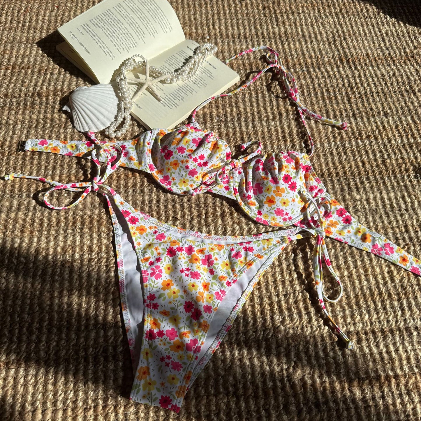 (4 days ready to ship) SY fresh floral printed lace up bikini split swimsuit bikini