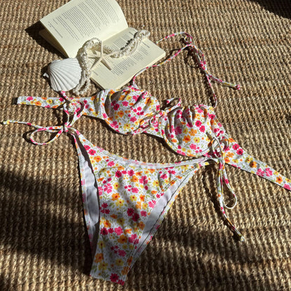 (4 days ready to ship) SY fresh floral printed lace up bikini split swimsuit bikini