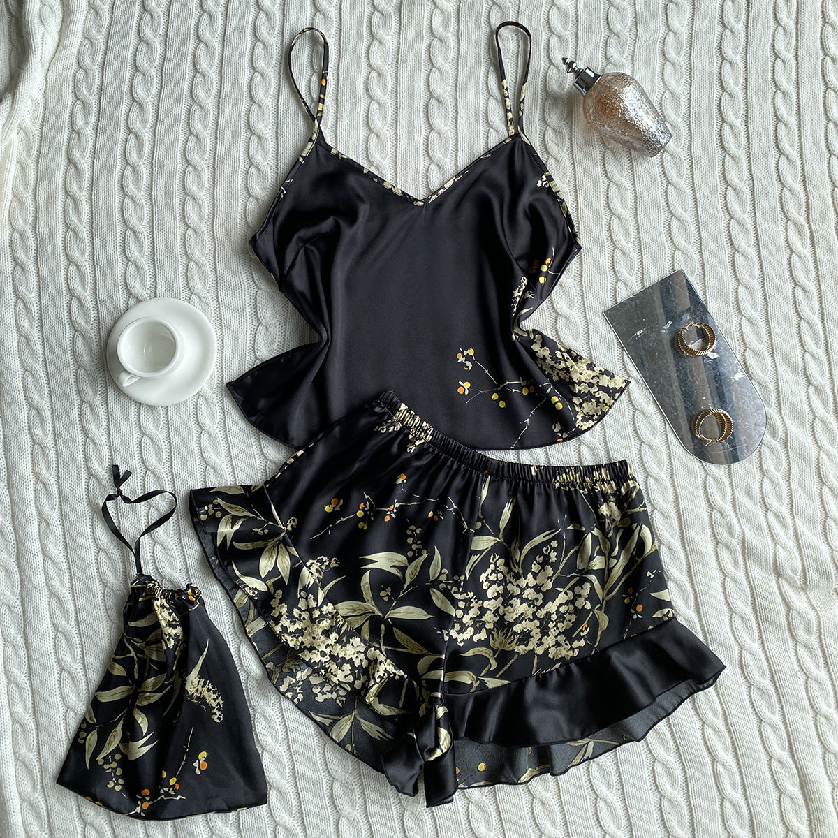 DNL spring imitated silk pajamas two-piece printed shorts suit suspender skirt