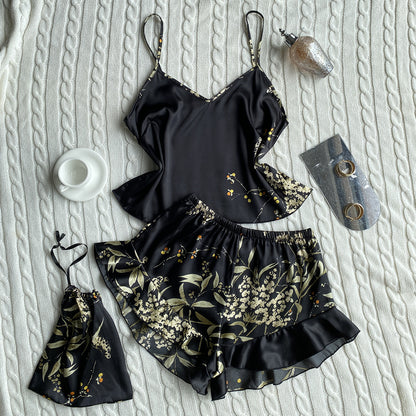 DNL spring imitated silk pajamas two-piece printed shorts suit suspender skirt