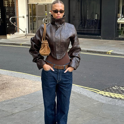 SXR autumn and winter slimming high collar solid color zipper short pu leather coat