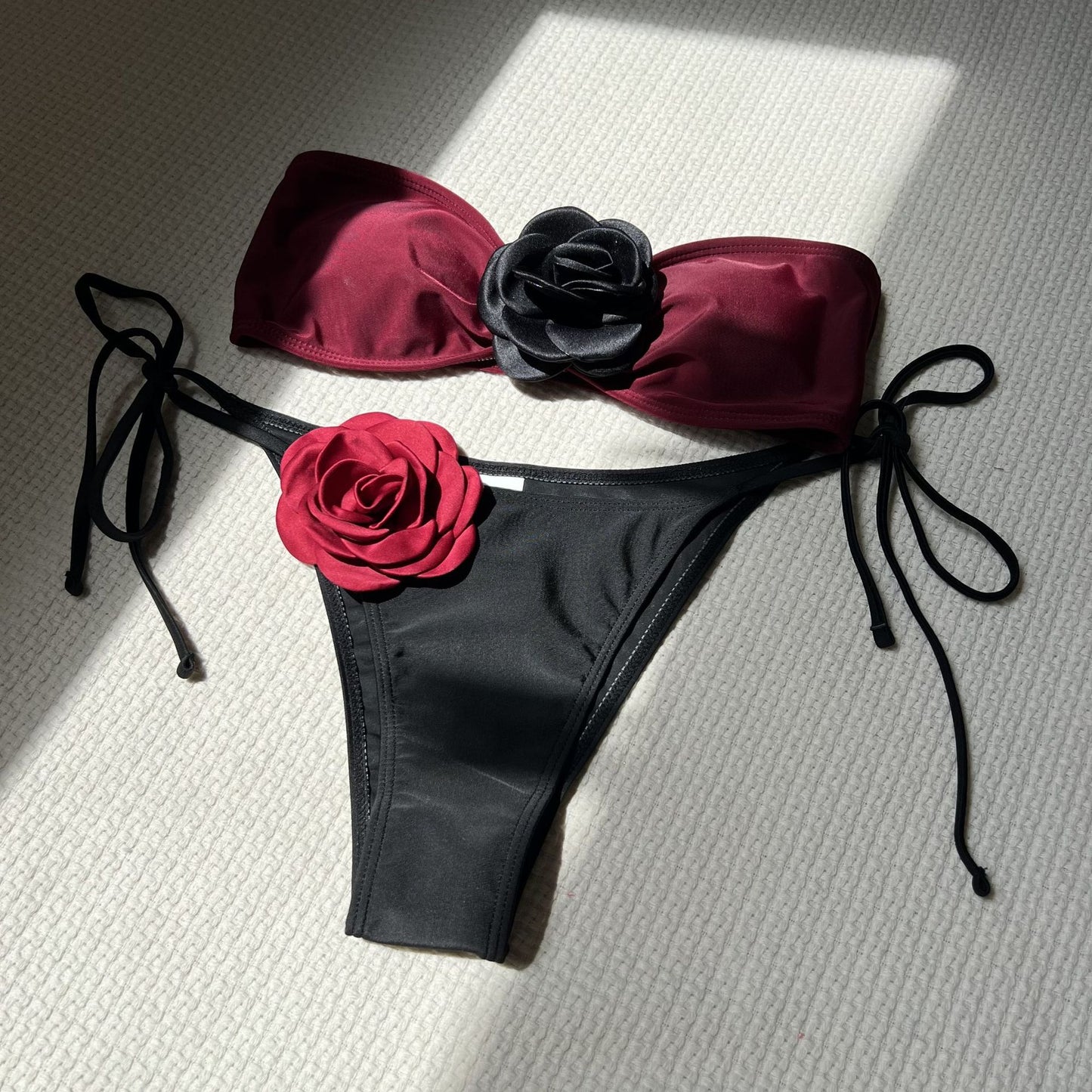 (4 days ready to ship) SY color matching rose tube top lace-up drawstring strap split swimsuit bikini 9149